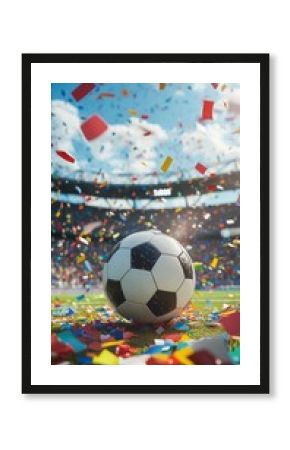 A soccer ball is on a field with confetti around it