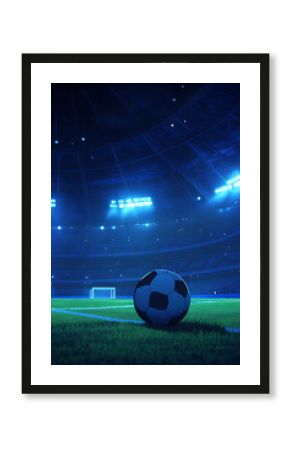 A soccer ball on a well-lit field in a stadium at night, creating an atmospheric sports scene.