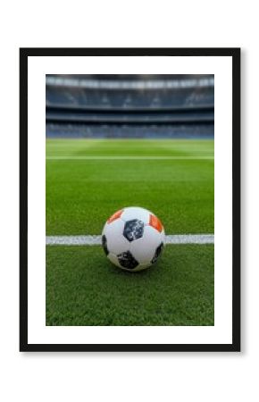 A close-up view of a soccer ball resting on the edge of a vibrant green field, set against the backdrop of a stadium.