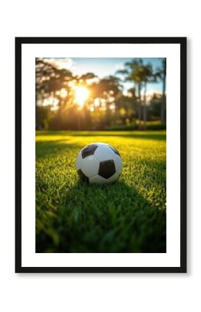 Soccer ball on grass lawn. Outdoor activity.
