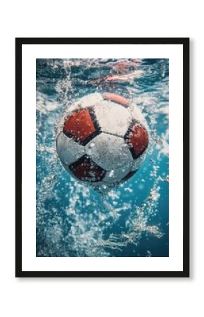 A soccer ball floats on the surface of calm water