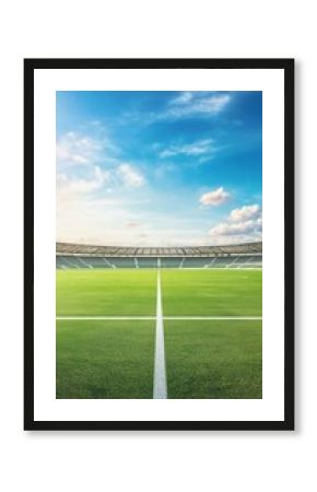 Realistic summer stadium scene featuring grass grandstands and an empty soccer field under clear sky