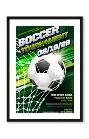 Soccer or football tournament poster template with ball and goal net