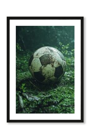 Photorealistic soccer ball on grass with bold contrast and depth