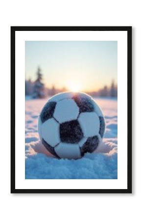 A soccer ball covered in snow, with the sun setting in the background