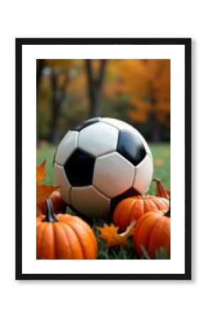 A soccer ball surrounded by pumpkins in an autumnal setting