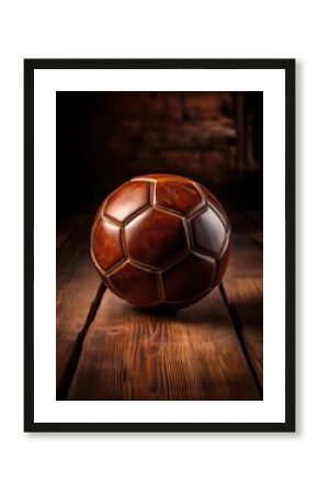 A beautifully crafted leather soccer ball is placed on a rustic wooden surface.