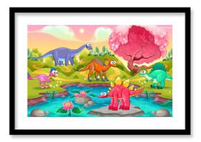 Group of funny dinosaurs in a natural landscape