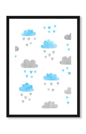 Seamless vector watercolor clouds pattern. Rain of hearts.