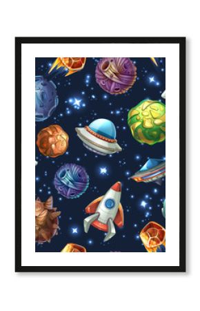 Comic space planets and spaceships. Vector seamless pattern