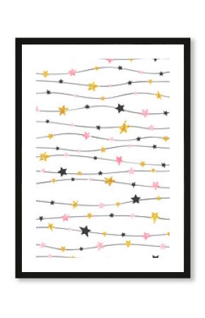 Seamless stars pattern in pink, black and golden colors. Vector celebration background. 