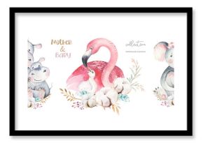 Watercolor cute cartoon illustration with cute mommy flamingo and baby, flower leaves. Mother hippo and baby illustration bird design. Tropical mom koala