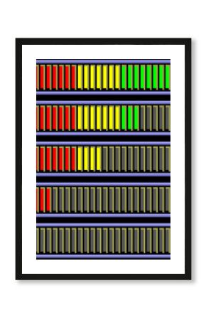A set of stamina bars from a retro vintage video game (8 bit pixel style), with varying energy levels, from full to empty. Black background. 