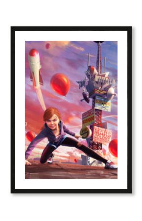 Digital illustration featuring a completely fictional character and world. A girl lands on a rooftop surrounded by a futuristic world with missiles, balloons and structures against a red sunset.
