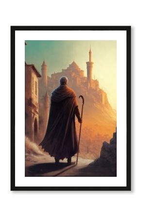 illustration de fantasy, homme avec une cape devant une ville médiévale