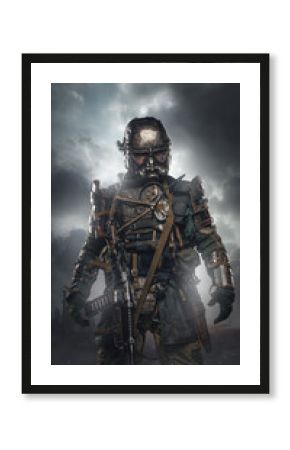 Portrait of military survivor in post apocalypse dressed in armored costume.