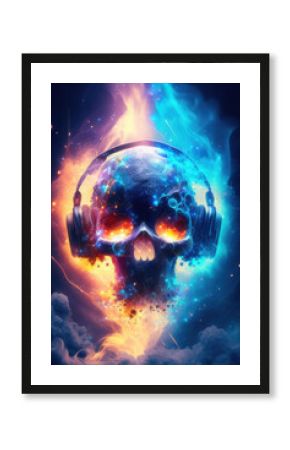 Tête de mort DJ musique électro. Crâne avec casque de gamer jeux vidéo. Déco pop art moderne. Generative AI.