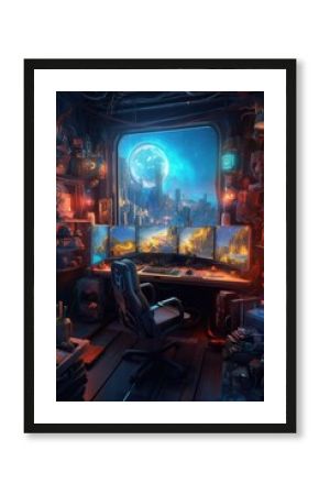 Room with screens with video game and gaming chair, created using generative ai technology