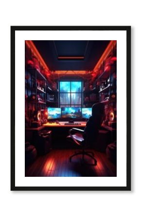 Room with screens with video game and gaming chair, created using generative ai technology