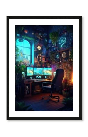 Room with screens with video game and gaming chair, created using generative ai technology