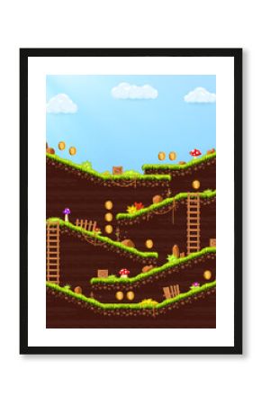 Video game. Elements and objects for computer game. Template for construction game level. Background for arcade game. Vector illustration.