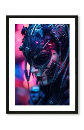 A Cybergoth in a cybernetic exoskeleton suit, their face hidden behind a striking, skullinspired mask, surrounded by a flickering holographic display of intricate cybernetic designs.