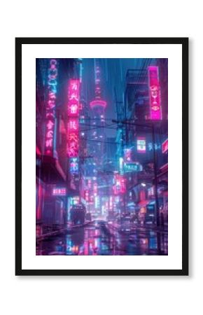 Sci fi cityscape with glowing neon signs and wireframe designs 1980s nostalgia