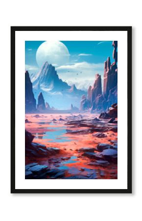 Fantastic landscape of an alien planet with rocks, ponds and other planets. Can be used for computer games, posters