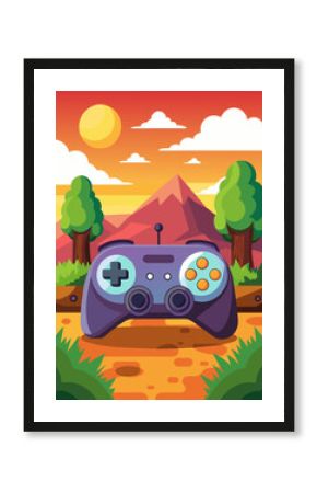 A video game controller sits on a landscape backdrop with vibrant colors and a sunset gradient.
