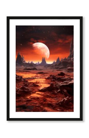 Fantastic landscape of an alien planet with rocks, ponds and other planets. Can be used for computer games, posters