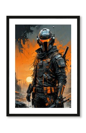 Guardian in night vision helmet on dramatic background of ruined city. Illustration for fantasy fiction or computer game. AI generative.