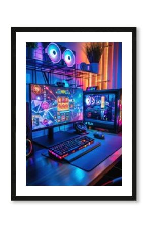 Gaming computer on desk in video gamer room