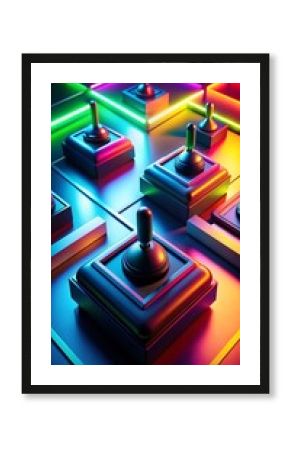 Geometric patterns overlay arcade-themed gradient.