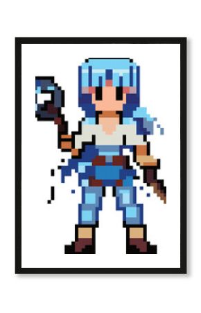 Pixelated Blue Mage: A charming and powerful female character with blue hair and a staff, rendered in pixelated art style. Her confident pose and detailed design make her perfect for game development,