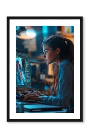 Young female designer building digital 3D models for videogame characters at workplace and using pen tablet. 3d artist. Illustrations