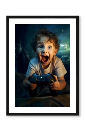 Excited Young Boy Plays Video Games in a Cozy Basement Setting" 