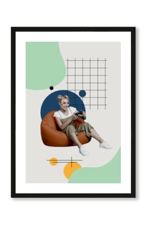 Vertical photo collage of happy teen girl sit beanbag play game pad joystick video game toll addiction isolated on painted background