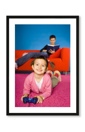 happy girl is playing computer game