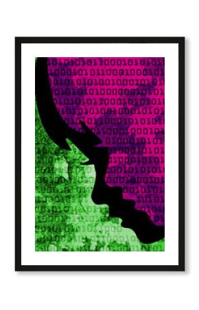 Sad virtual childhood. Child stylized head silhouette with binary codes. Social networks addiction concept.