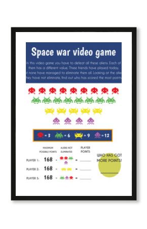 Space war videogame Educational Sheet. Primary module for Numerical Ability. 5-6 years old. Educational Sheets Series