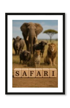 Safari adventure with wild animals in the background, including elephant, rhino, lion and cheetah