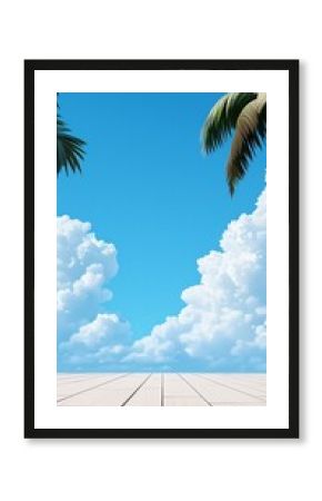 Pixel Art Tropical Beach Game Background: Sunny Sky, Palm Trees, Wooden Deck