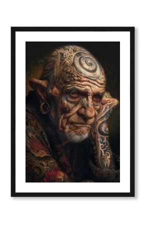 An elderly man with intricate, vibrant tattoos on his face, neck, and shoulders, accentuated by a full beard and mustache.