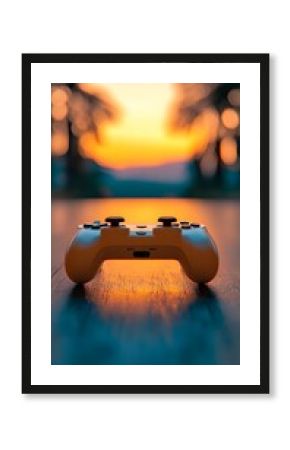 Off-White Game Controller on Dark Wooden Surface at Sunset Beach