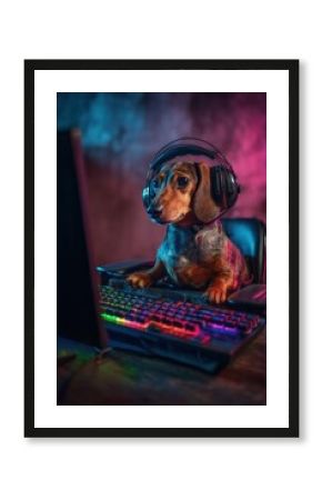 Dachshund Gamer with Headset and RGB Keyboard on Rolling Chair
