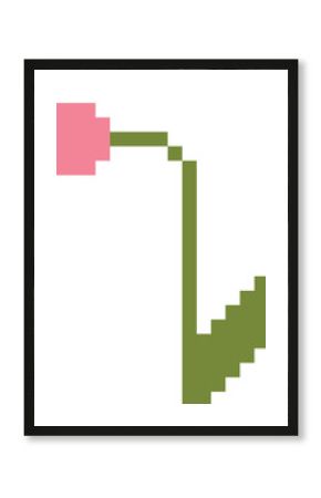 Pixel art - flower from color blocks. Flower logo, 8 bit. Pink flower with leaf and stem. Modern flower icon. Isolated vector illustration.