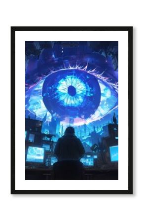 Hooded Figure in Futuristic Control Room with Computer Monitors