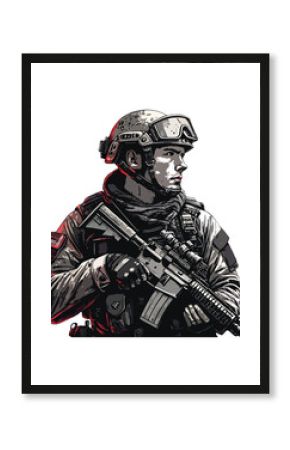 Determined Military Operative Holding Assault Rifle, Profile View