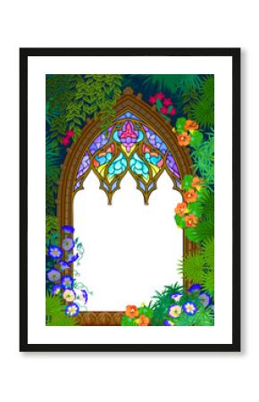 Background with gothic stained glass window, flowers and place for text. Illustration of fantasy fairy tale environment. Vector drawing for computer game, children's book cover, wallpaper, decoration