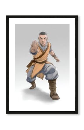 monk class rpg character with dynamic angle, pose, background 